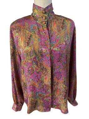 Ariel Crowne Paisley Button-Up Blouse Vintage Multicolor Satin High Neck 10
